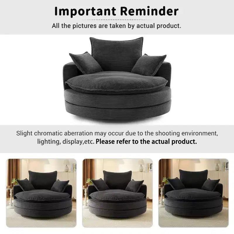 Fauteuil d’appoint pivotant à 360°, fauteuil tonneau rond pivotant avec coussin pour le salon