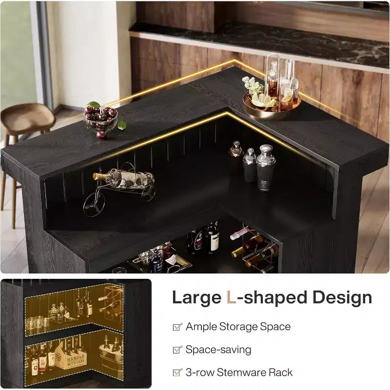 Bancone bar angolare a L Lantine per la casa, mobile da bar ad angolo a 4 ripiani con mensole e portabicchieri da vino per pub domestico