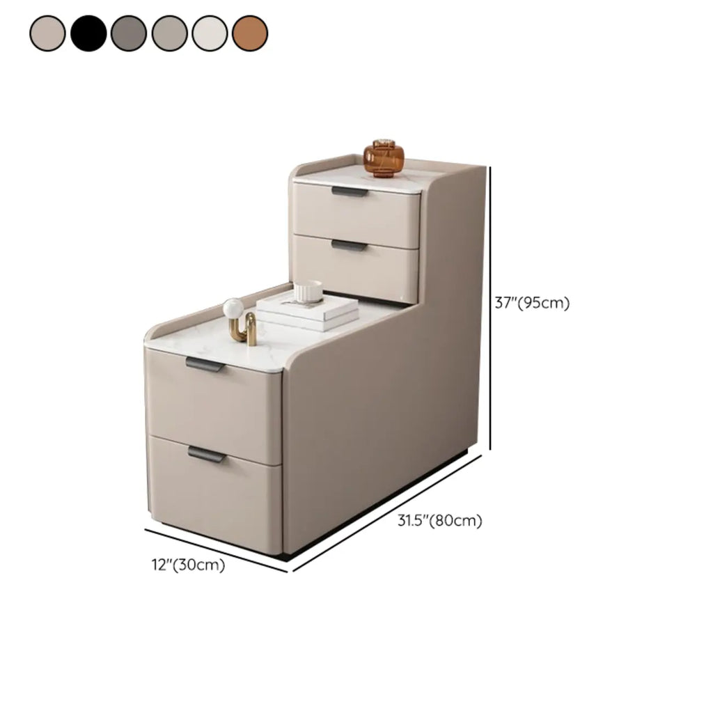 Hoher Sofa-Beistelltisch in L-Form aus Holz mit Steinplatte und 4 Schubladen