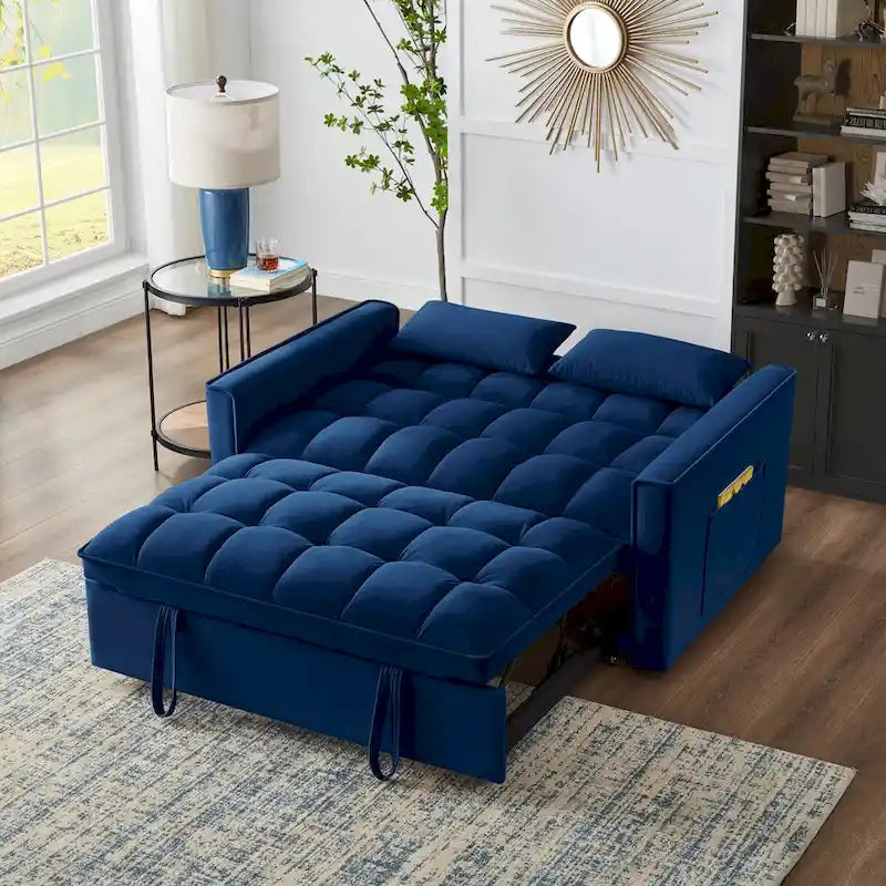 4-in-1-Zweisitzer-Schlafsofa mit Armlehnen und Aufbewahrungstaschen, multifunktionales, getuftetes Ausziehsofa mit verstellbarer Rückenlehne