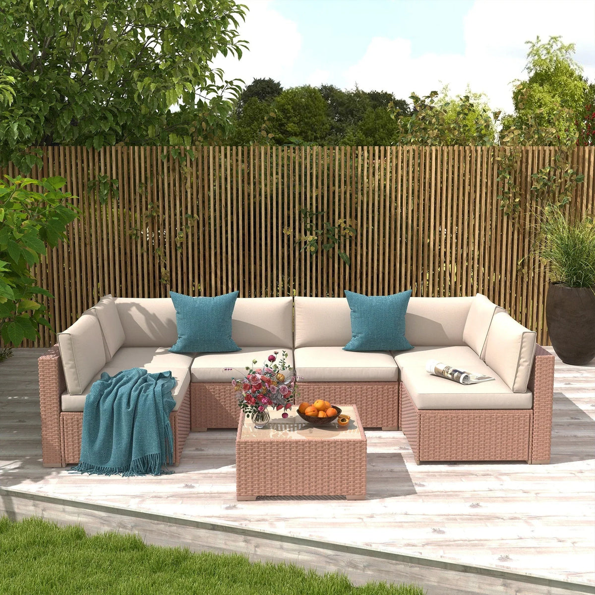 7-teiliges Outdoor-Ecksofaset aus Rattan und Stahl mit Kissen