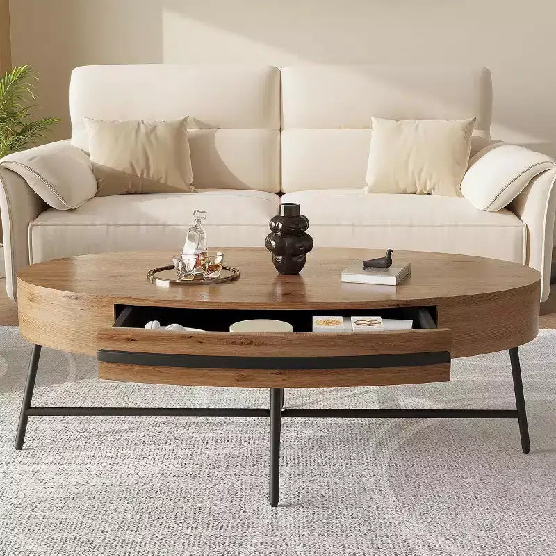 Table basse ovale Acekool avec tiroir, table de rangement en bois de 47.2 avec pieds croisés en métal, table centrale moderne du milieu du siècle en finition saule naturel et doré