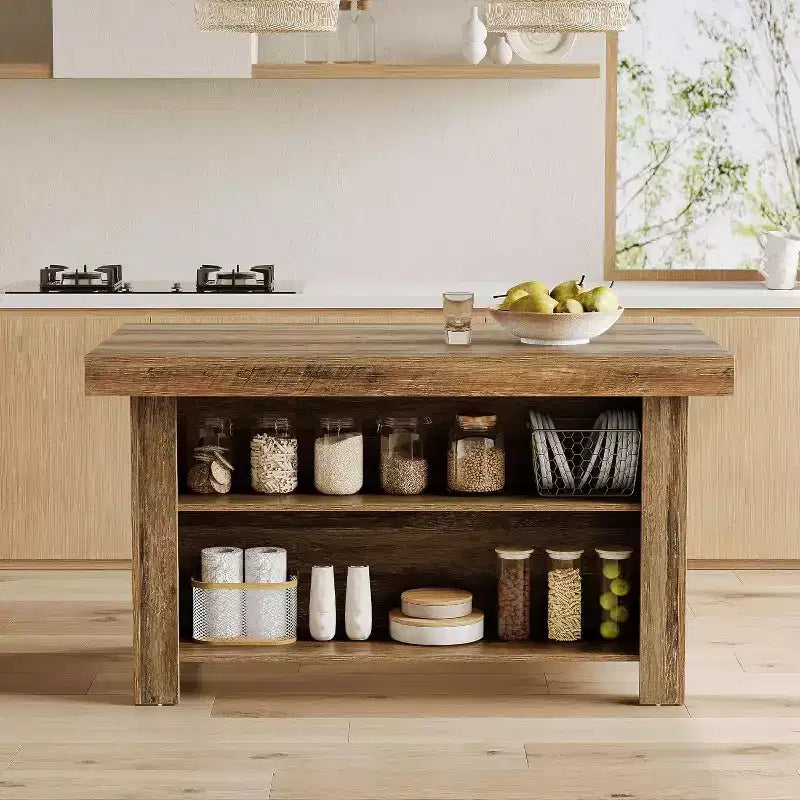 Lantine Kücheninsel mit Stauraum, 55 Inches, 3-stufiger, feststehender Holztisch, moderner Bartisch mit Ablage für die Küche, rustikales Braun