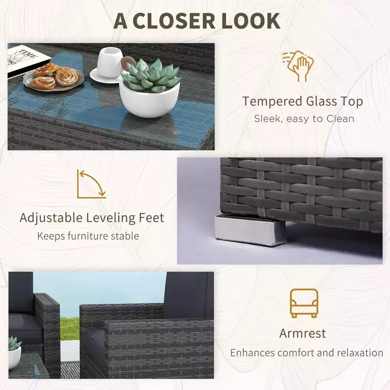 4-teiliges Rattan-Sofaset, Patio-Sofaset aus Korbgeflecht mit Zweisitzersofa, Sesseln und Couchtisch mit Glasplatte für den Garten und Außenbereich