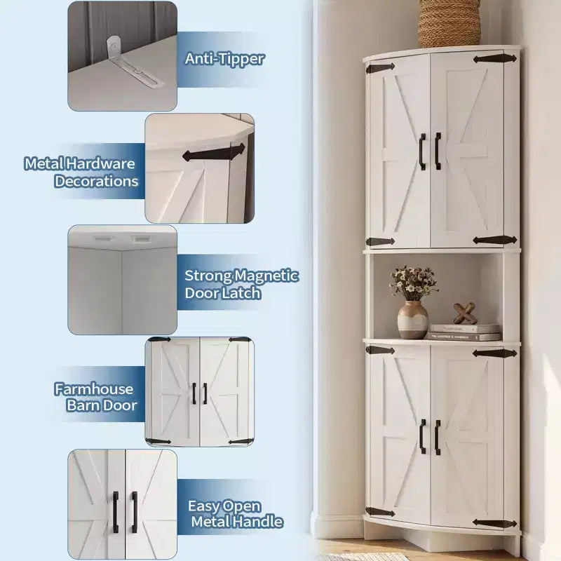 64.8 hohe Eckvitrine mit Türen, brauner Eckschrank im Landhausstil, freistehender Eck-Vorratsschrank mit verstellbaren Einlegeböden
