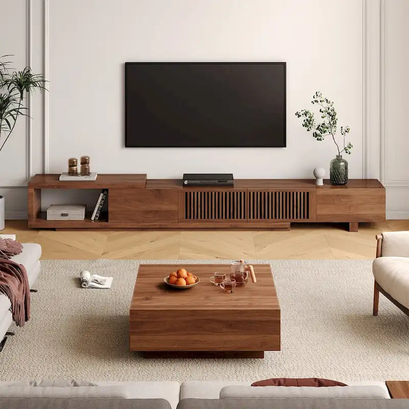 Meuble TV moderne rétractable et extensible avec 4 tiroirs, jusqu’à 103 pouces - 78.54D x 15.74W x 13.78H