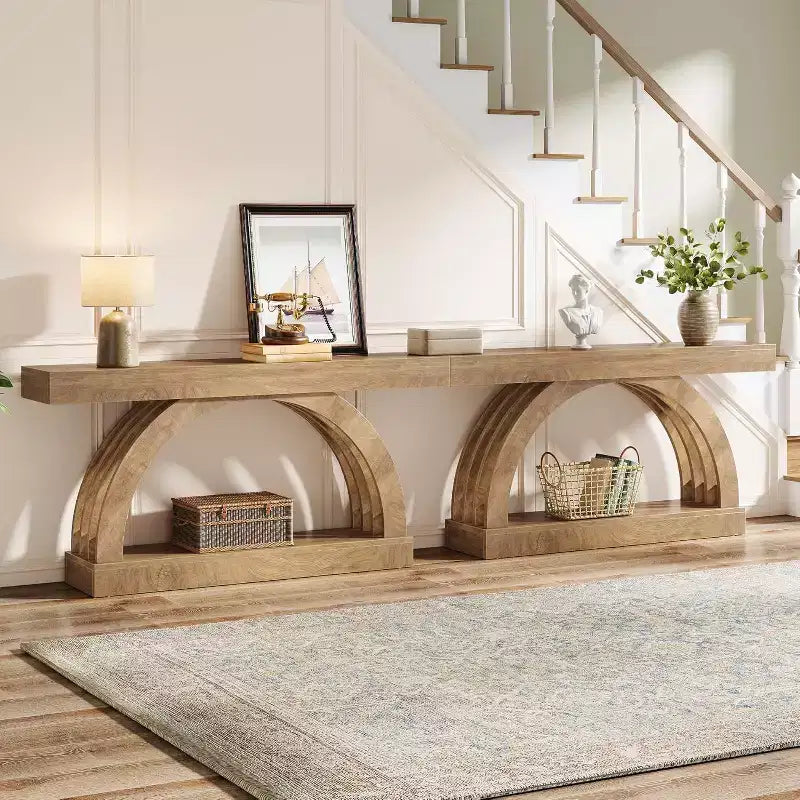 Lantine haltafel van 63 inch, banktafel met 2 niveaus voor achter de bank, smalle unieke console in boerderijstijl met boog voor de hal, woonkamer en entree, naturel