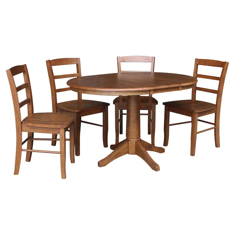 Ronde uitschuifbare eettafel van 36 met 4 Madrid-stoelen
