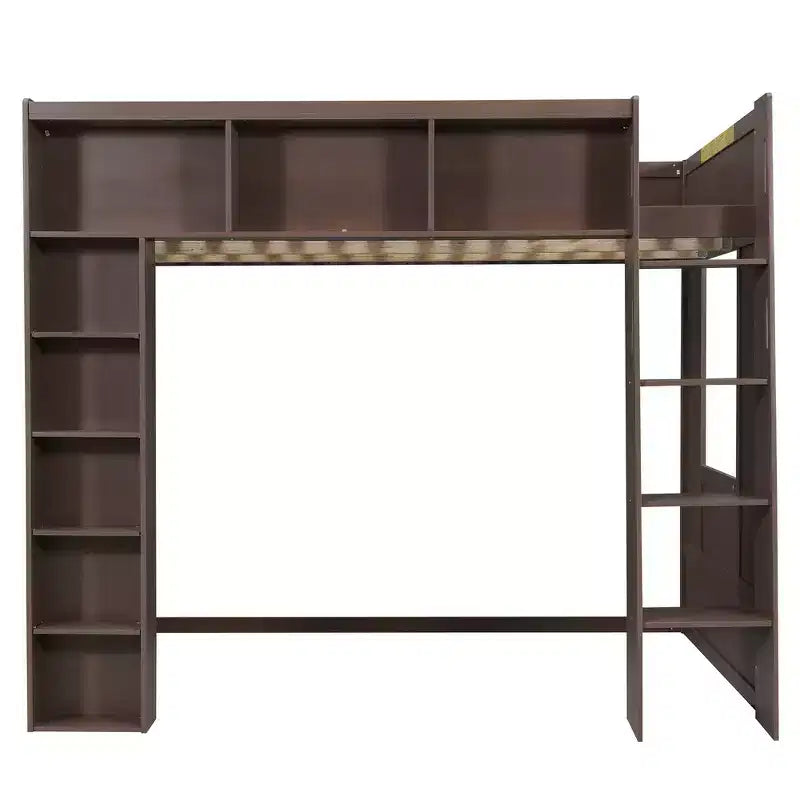 Struttura letto a soppalco in legno Whisen Queen Size con armadietti e ripiani contenitori