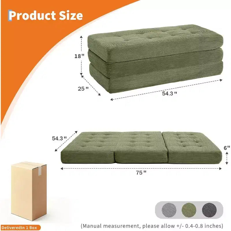 SunnyFurn drievoudig opvouwbaar matras en slaapbank van 6 Inch, opvouwbaar schuimrubberen logeerbed van 75X54.3 met geribde ribfluweelbekleding, draagbaar voor kamperen, woonkamer en slaapkamer