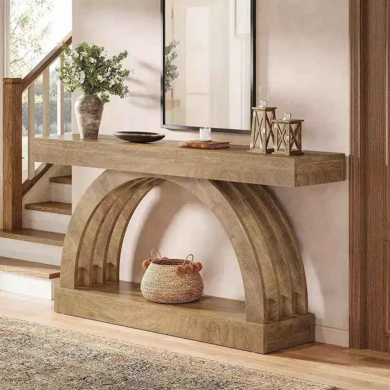 Lantine haltafel van 63 inch, banktafel met 2 niveaus voor achter de bank, smalle unieke console in boerderijstijl met boog voor de hal, woonkamer en entree, naturel