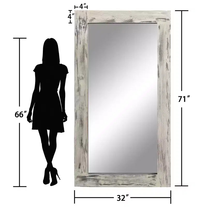 Miroir pleine longueur rectangulaire à angle droit en bois massif brun usé, 71x31 pouces (sans support)