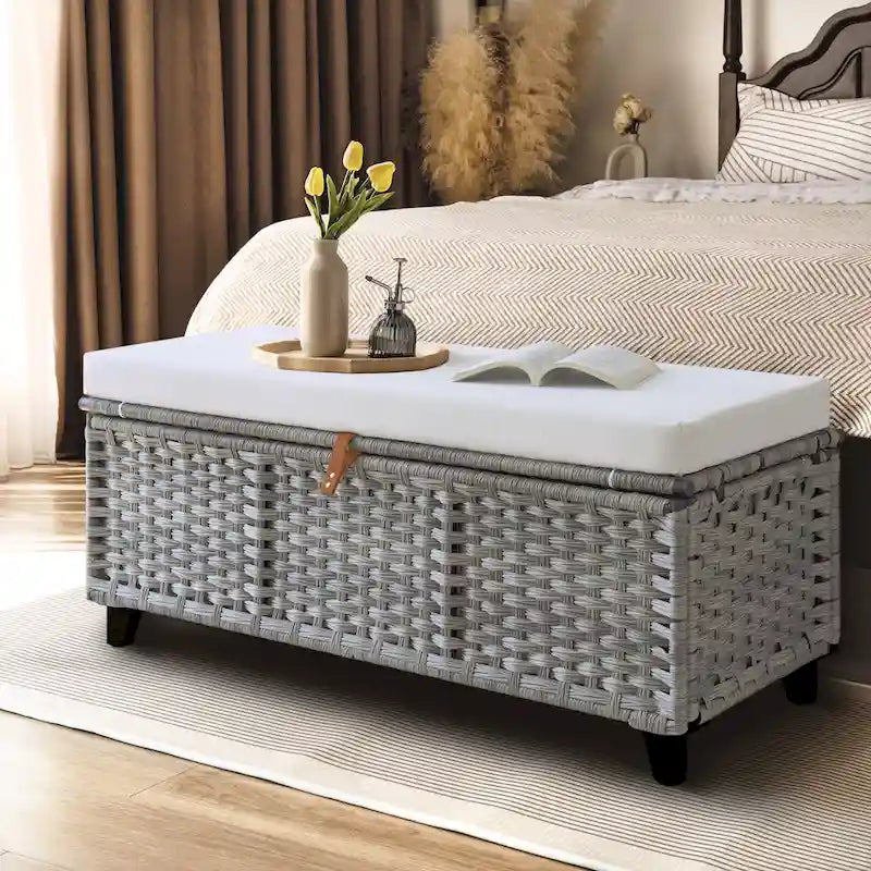 Banc de rangement en osier avec coussin pour chambre, salon ou véranda - 18.5 H X 43.3 W X 18.5 P