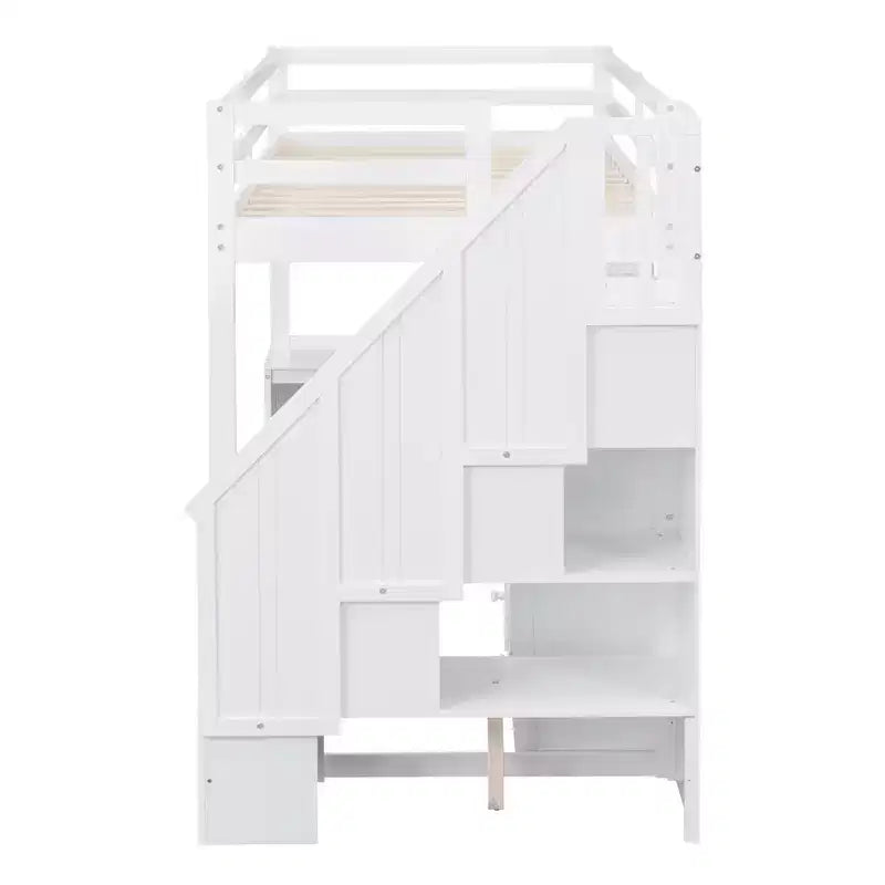 Hoogslaper voor een eenpersoonsmatras met L-vormig bureau, 3 laden, kast, opbergruimte in de trap, gemaakt van massief grenenhout/MDF