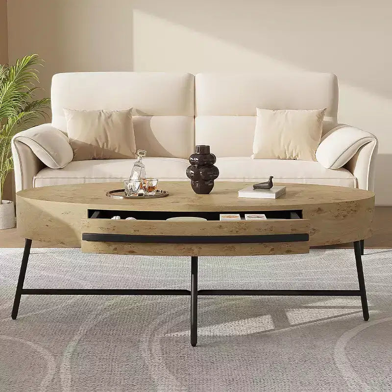 Table basse ovale Acekool avec tiroir, table de rangement en bois de 47.2 avec pieds croisés en métal, table centrale moderne du milieu du siècle en finition saule naturel et doré