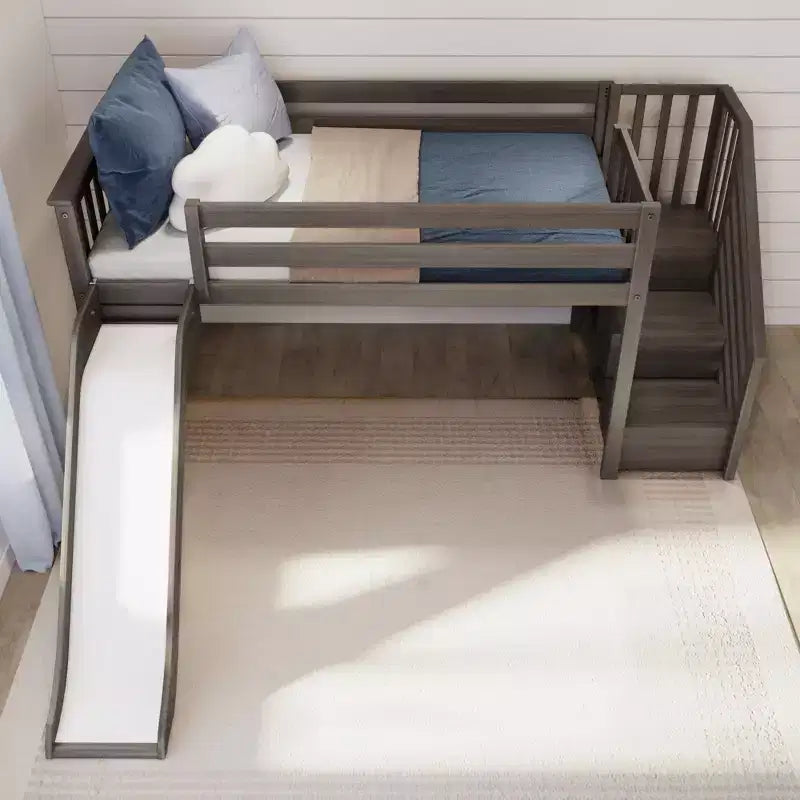 Letto a soppalco basso singolo per bambini con scivolo e scale, in legno massello, 14 sponde di sicurezza, capacità di 400 lb