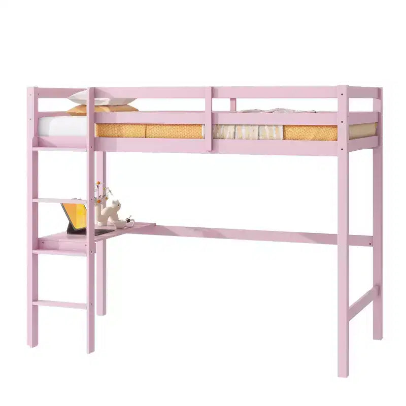Okak minimalistisch hoogslaper met ladder, hoogslaper van rubberhout voor één persoon met veiligheidsreling en ingebouwd bureau, bedframes voor kinderen en tieners