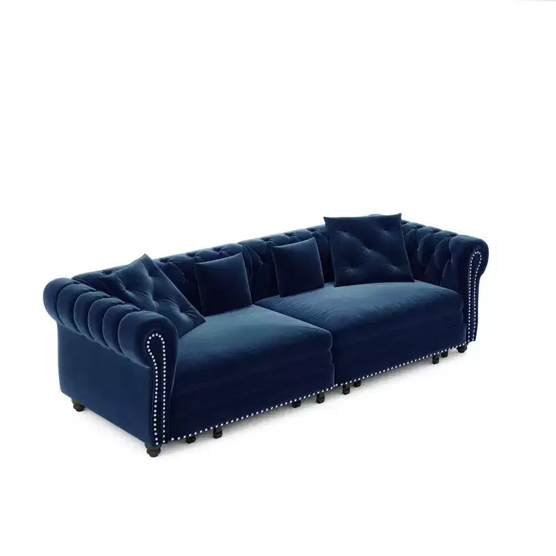 Canapé-lit convertible 3-en-1 Whisen en velours, format king size, avec pouf mobile, design capitonné