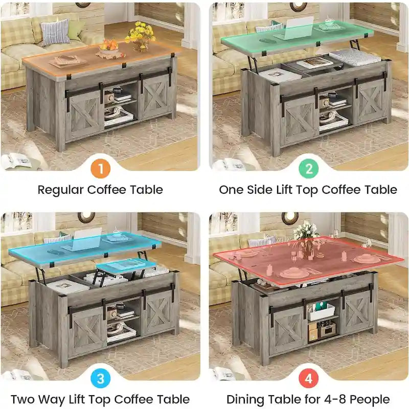 Table basse relevable avec 2 portes coulissantes de style grange, rangement et table à manger