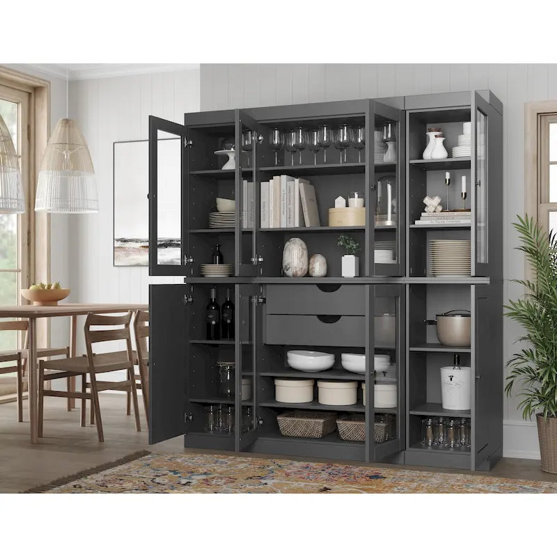 Credenza dispensa da cucina in legno massello al 100%, con ante in vetro o legno massello e kit con 2 cassetti, 65 x 71.5