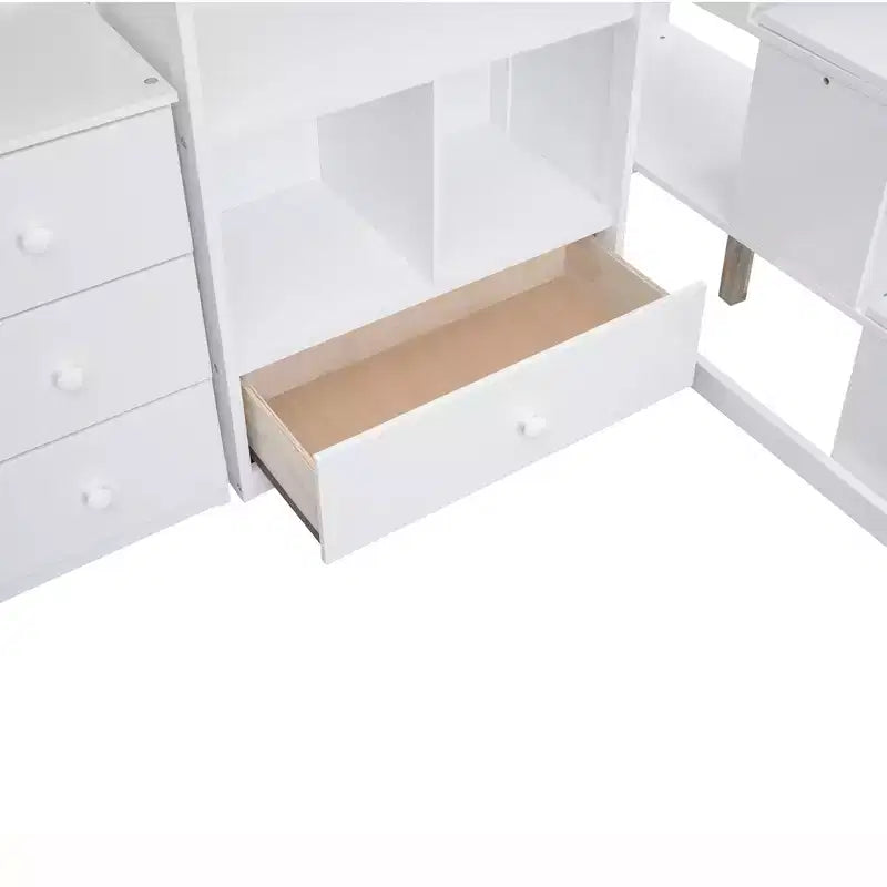 Hoogslaper voor een eenpersoonsmatras met L-vormig bureau, 3 laden, kast, opbergruimte in de trap, gemaakt van massief grenenhout/MDF