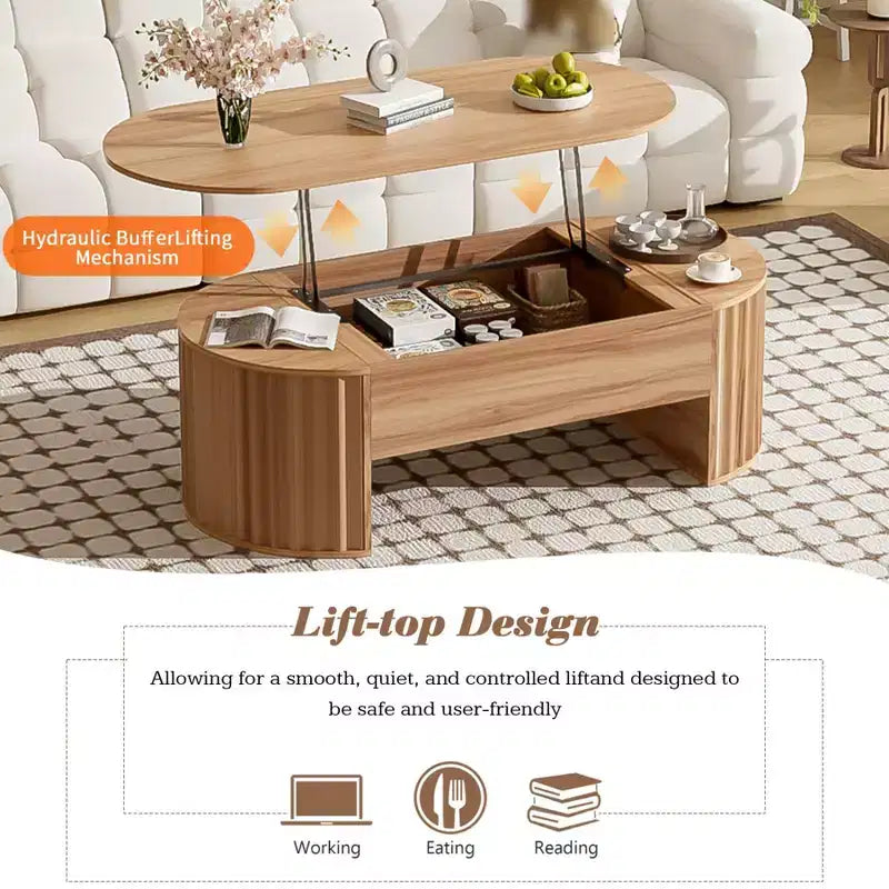 Salontafel van 47.2'' met hefbaar blad, ovale houten middentafel met verborgen opbergruimte, moderne cocktailtafel voor woonkamer, slaapkamer en kantoor
