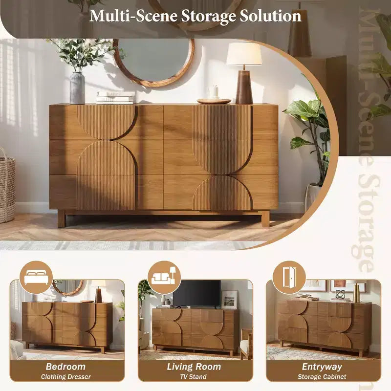 Cassettiera moderna geometrica a 6 cassetti, ampia cassettiera con dettagli semicircolari per camera da letto e soggiorno