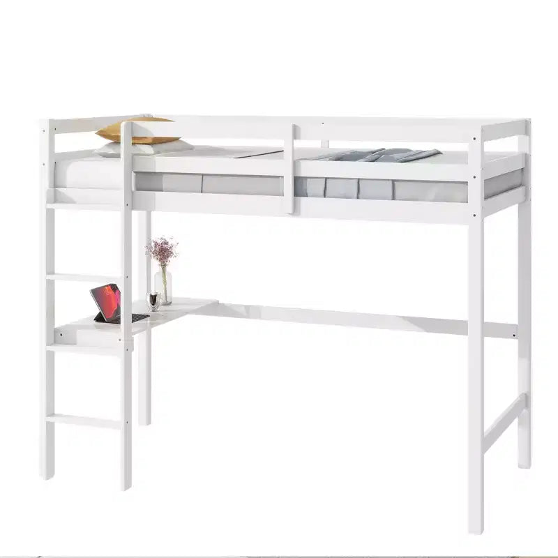 Okak minimalistisch hoogslaper met ladder, hoogslaper van rubberhout voor één persoon met veiligheidsreling en ingebouwd bureau, bedframes voor kinderen en tieners