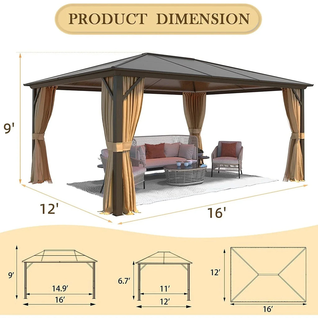 Gazebo EROMMY con tetto rigido, pergola da esterno con doppio tetto, rete e tende, copertura robusta per patio, giardino e feste in piscina