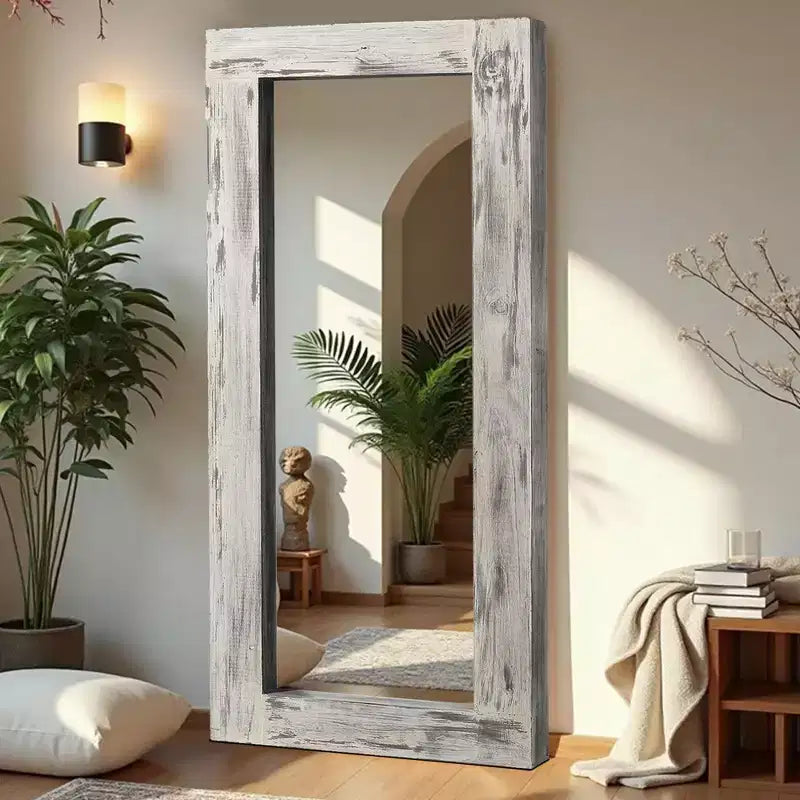 Miroir pleine longueur rectangulaire à angle droit en bois massif brun usé, 71x31 pouces (sans support)