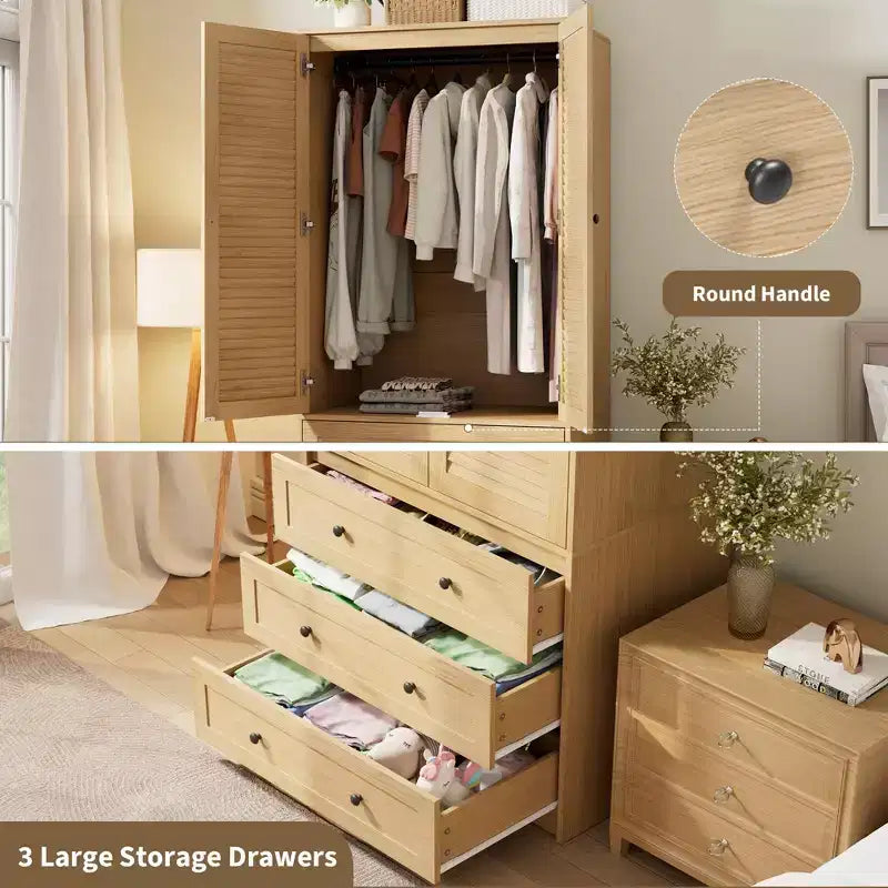 Armoire COZONY avec 3 tiroirs et 2 portes, armoire moderne en bois pour chambre, armoire blanche autoportante robuste