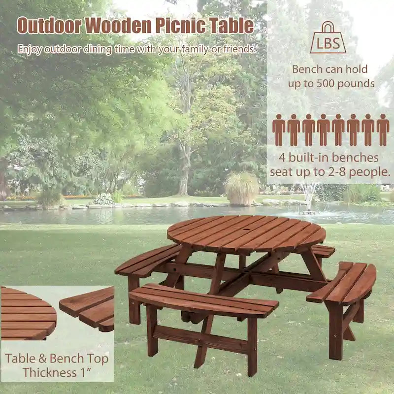 Ensemble de pique-nique rond en bois de sapin pour terrasse extérieure, pour 8 personnes, avec 4 bancs intégrés et un trou pour parasol