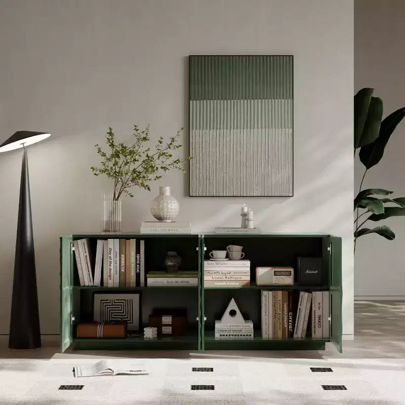 59 modern spiraalvormig dressoir, laag opbergmeubel voor de hal met deuren met 3D-ribbelstructuur