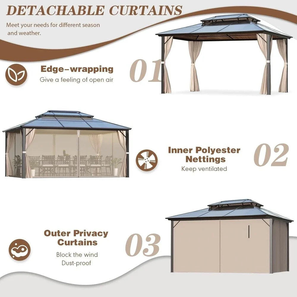 Gazebo EROMMY con tetto rigido, pergola da esterno con doppio tetto, rete e tende, copertura robusta per patio, giardino e feste in piscina