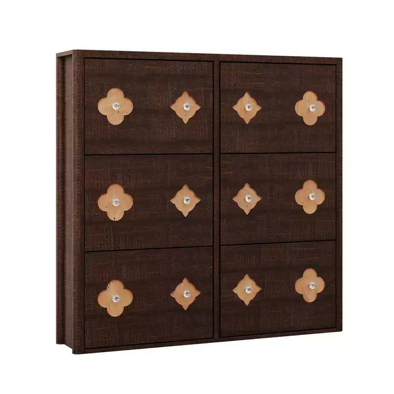 Meuble à chaussures en bois avec 6 tiroirs basculants, étagères réglables, motif floral, poignées en losange, rangement mince sur pied pour l’entrée