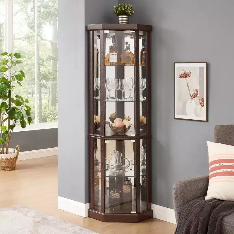 Eckvitrine mit Glastüren und Einlegeböden, Eckvitrine fürs Wohnzimmer