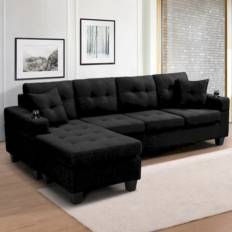 Canapé modulaire pour salon avec méridienne en forme de L et porte-gobelet