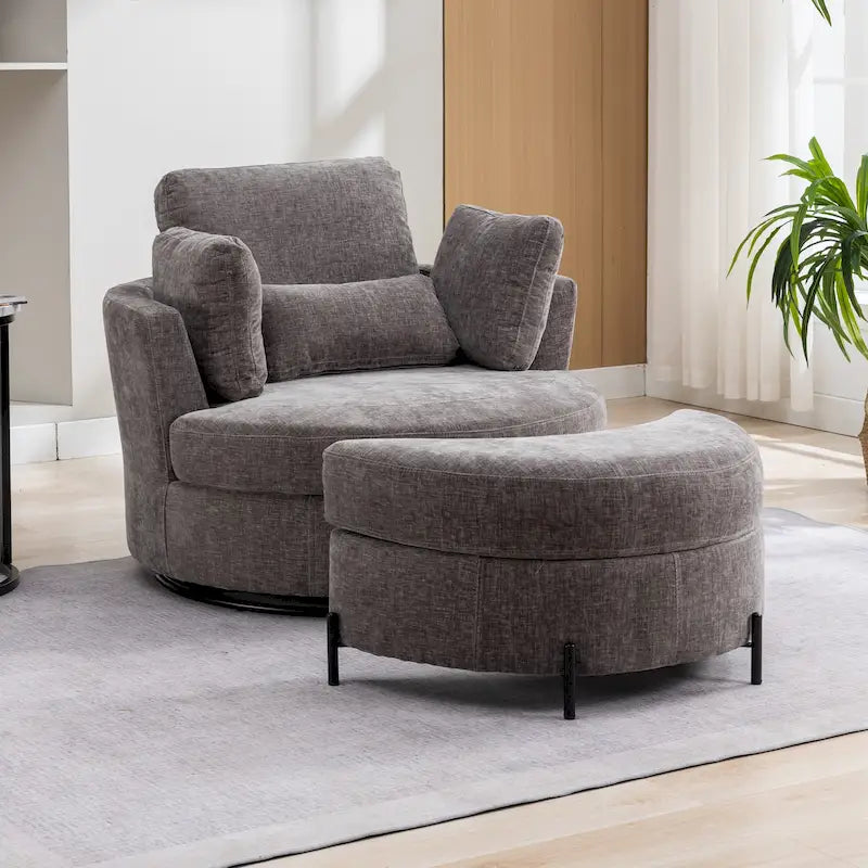 Gestoffeerde draaibare fauteuil van 42.3W met 4 kussens en halvemaanvormige opbergpoef