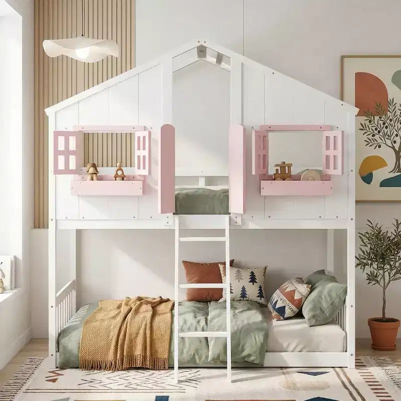 Letto a soppalco a forma di casetta per letto singolo, in legno, con scala e sponde di protezione per bambini