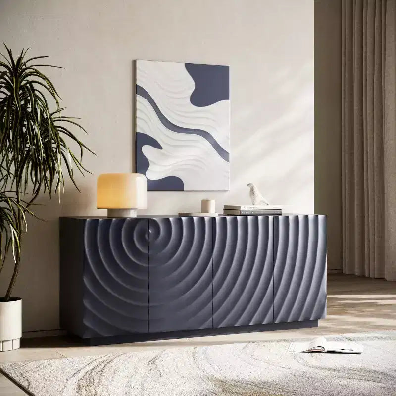 59 modern spiraalvormig dressoir, laag opbergmeubel voor de hal met deuren met 3D-ribbelstructuur