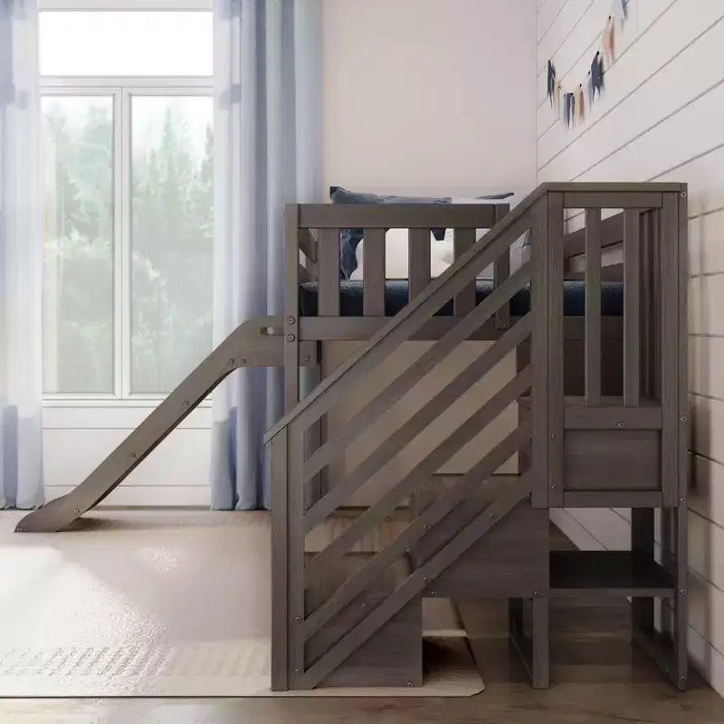 Letto a soppalco basso singolo per bambini con scivolo e scale, in legno massello, 14 sponde di sicurezza, capacità di 400 lb