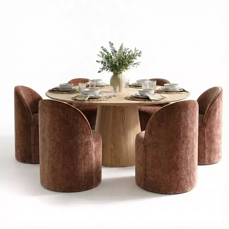 Moderne eethoek voor 6 personen, ronde eettafel met centrale voet, draaibare kuipstoelen op wieltjes, chenillestof met structuur - Panipeachy