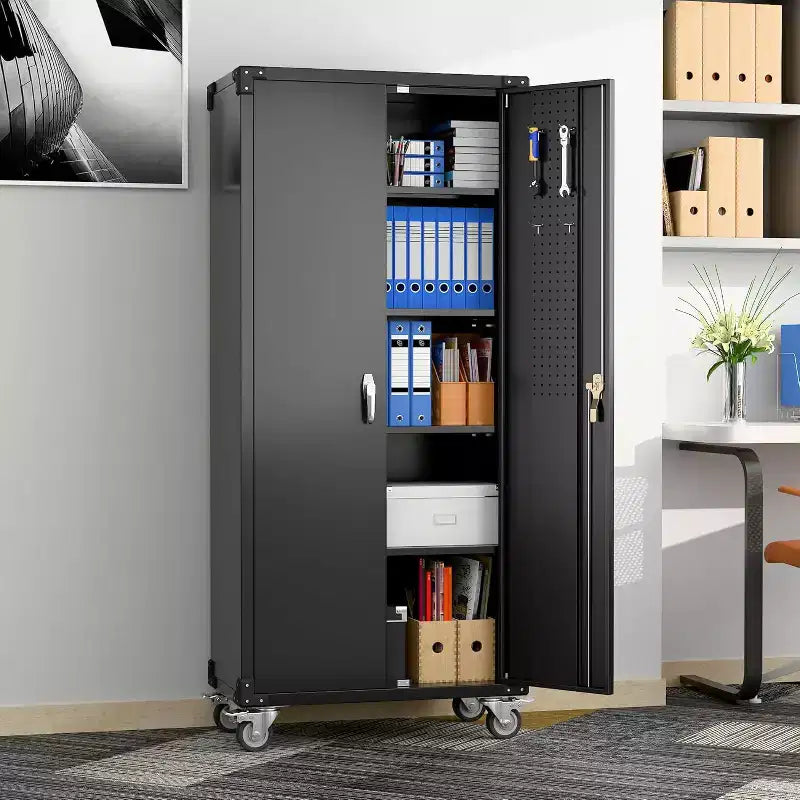 Armoire de rangement pour garage avec roulettes et panneau perforé, armoire métallique verrouillable de 72 H avec 2 portes et 4 étagères réglables pour atelier de garage
