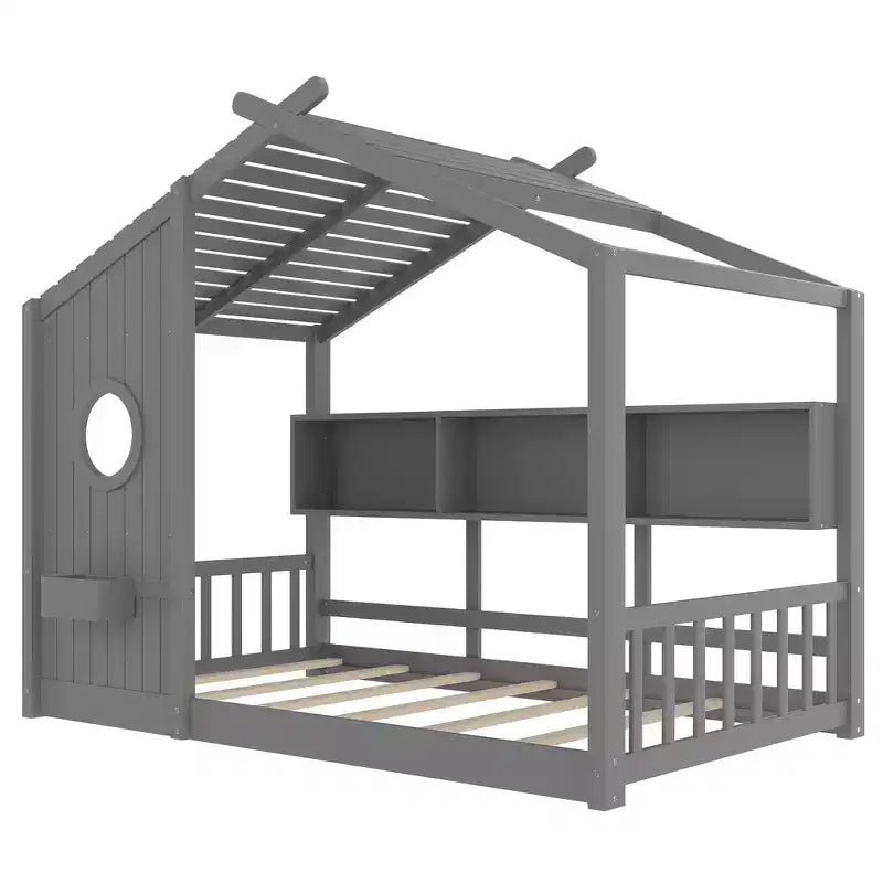 Bodenbett in Hausform für Kinder, Montessori-Spielhausbett mit Ablagefach und Dachdesign