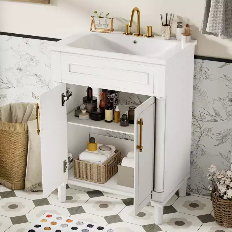Meuble-lavabo de salle de bains 24 avec lavabo en céramique, meuble de style Shaker, 2 portes à fermeture amortie, structure en bois massif pour petite salle de bains ou salle d'eau