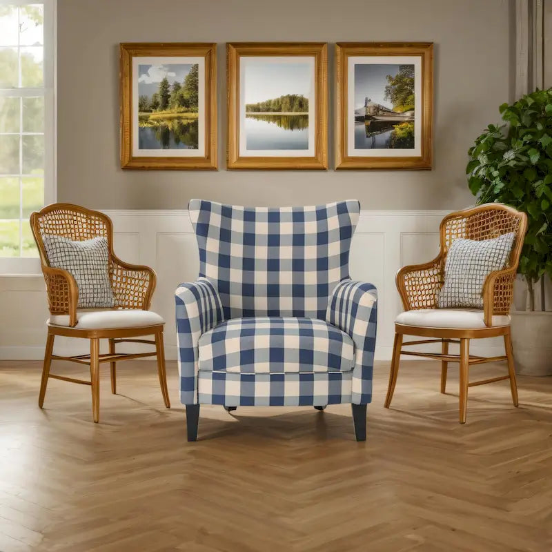 Moderner Retro-Polstersessel mit hoher Rückenlehne, 30.25 hoch, mit Holzbeinen fürs Wohnzimmer