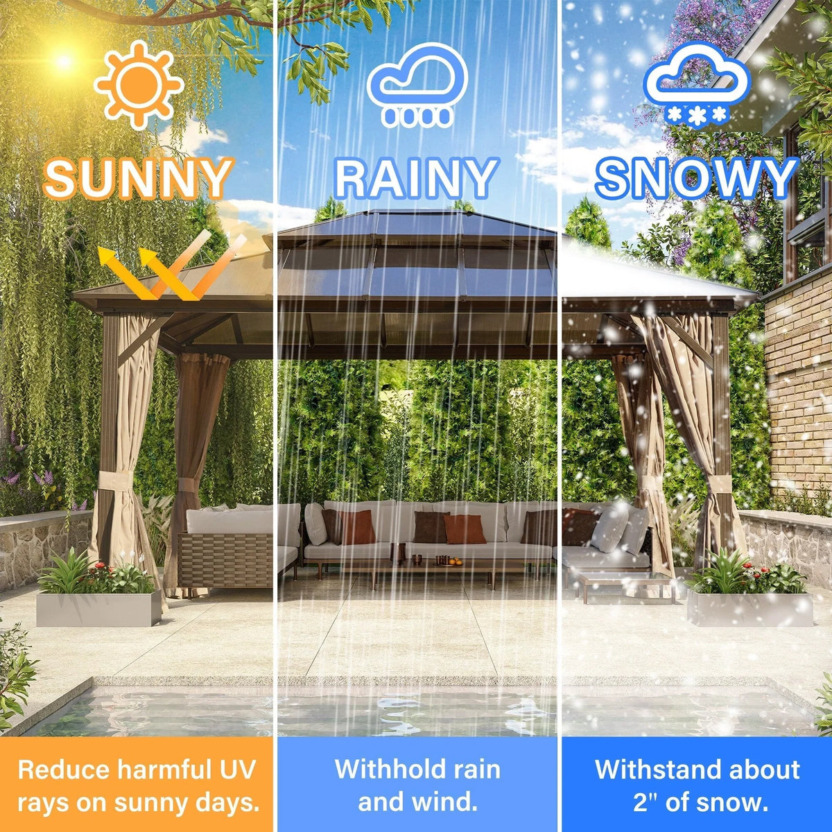 Gazebo EROMMY con tetto rigido, pergola da esterno con doppio tetto, rete e tende, copertura robusta per patio, giardino e feste in piscina