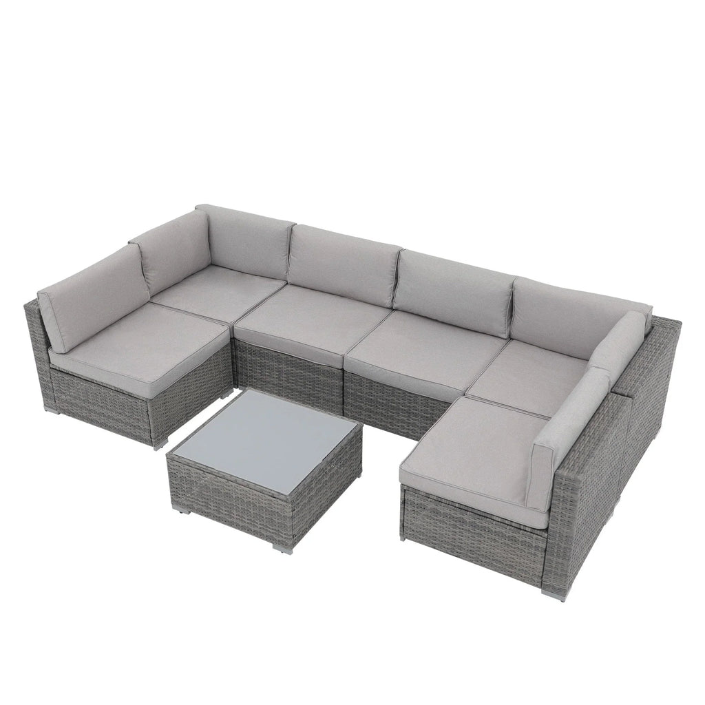 7-teiliges Outdoor-Ecksofaset aus Rattan und Stahl mit Kissen