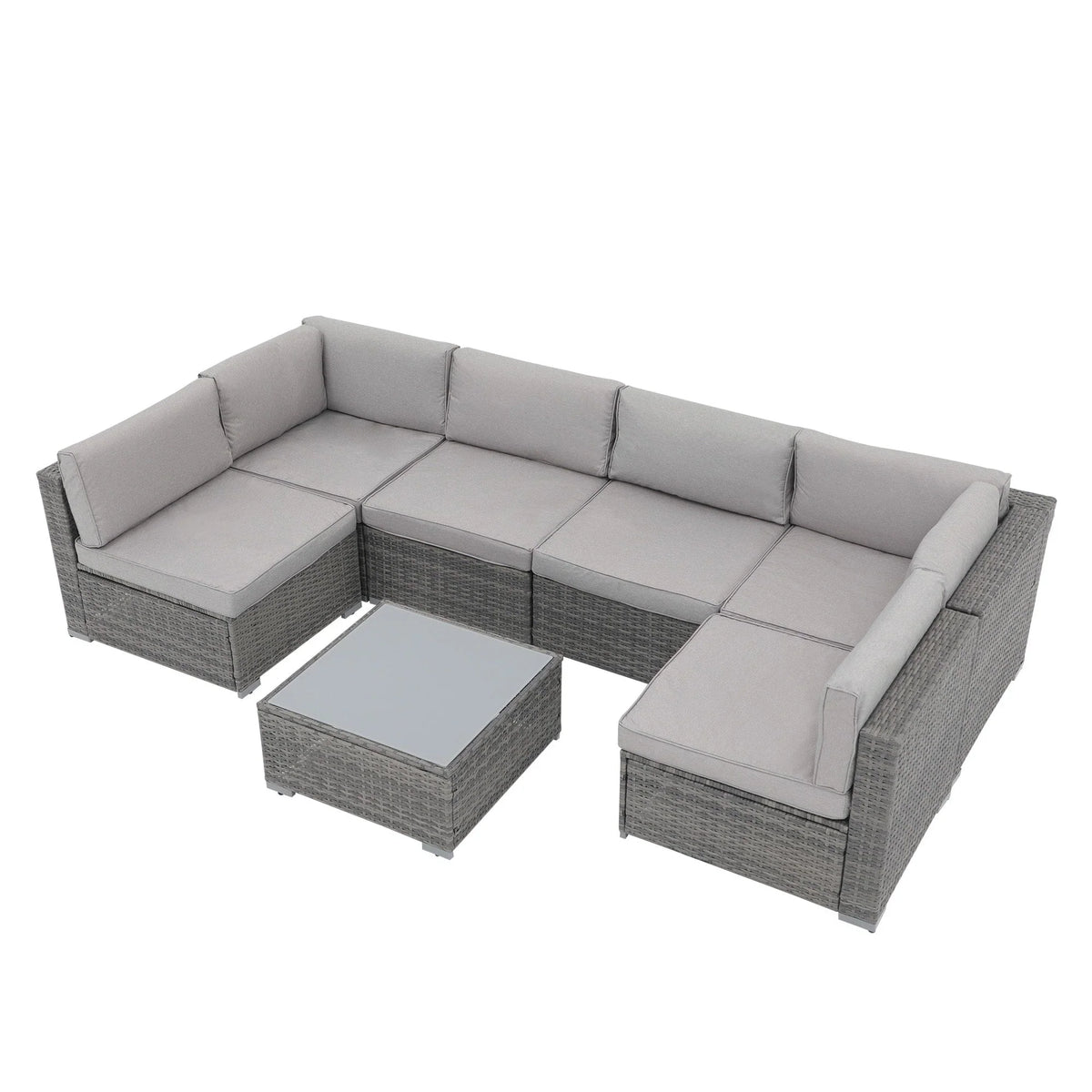 7-teiliges Outdoor-Ecksofaset aus Rattan und Stahl mit Kissen