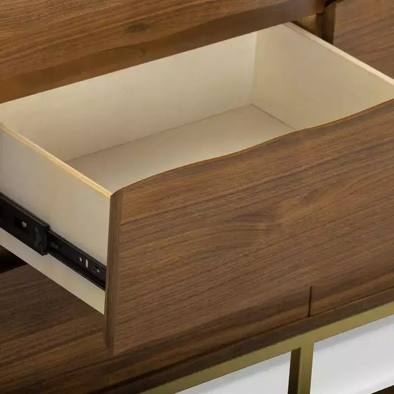 Commode moderne à 6 tiroirs avec bord naturel, piètement en métal et structure durable en bois mixte